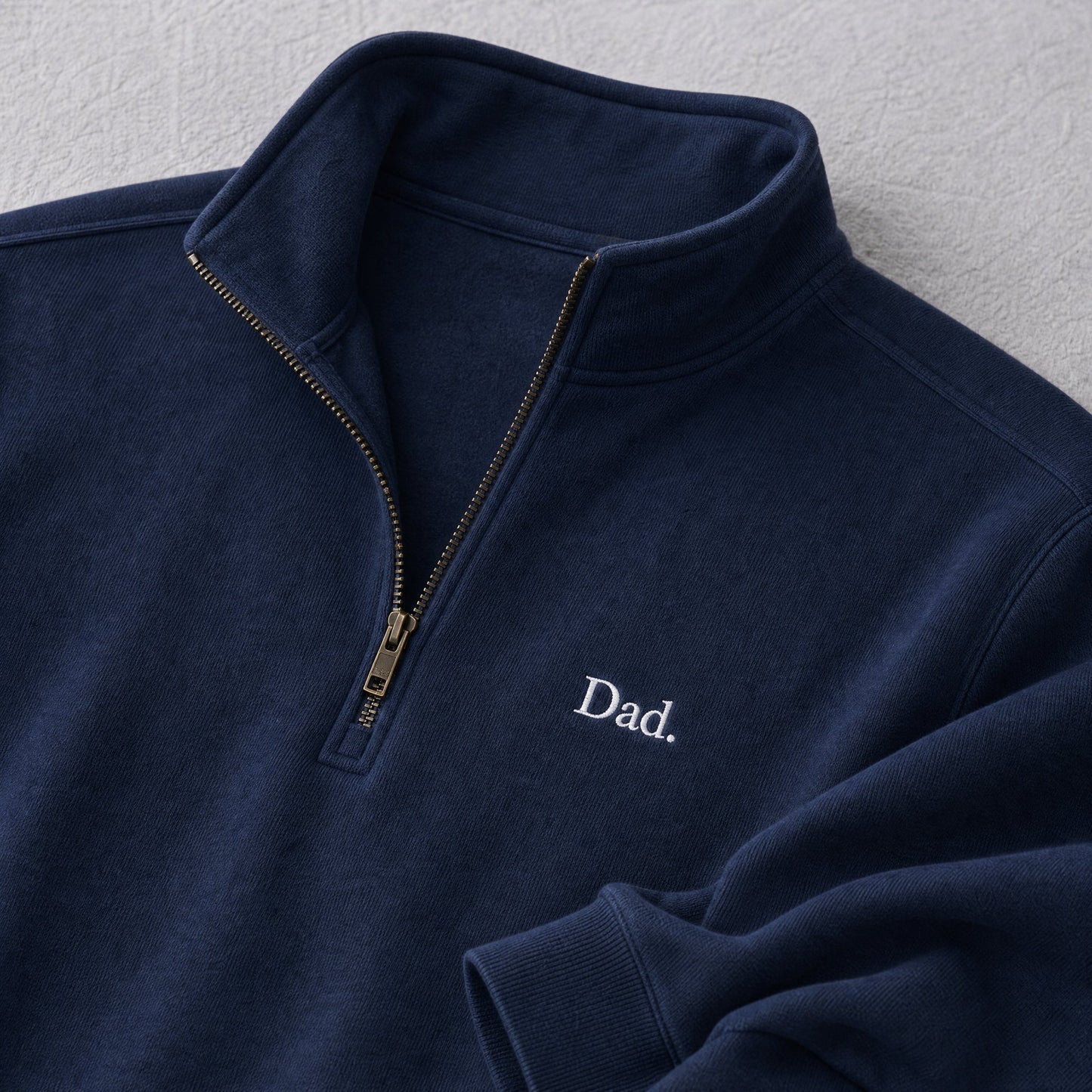"Dad." Vintage Fleece Quarter Zip in Navy — Flat Lay Detail | Merchcraft
