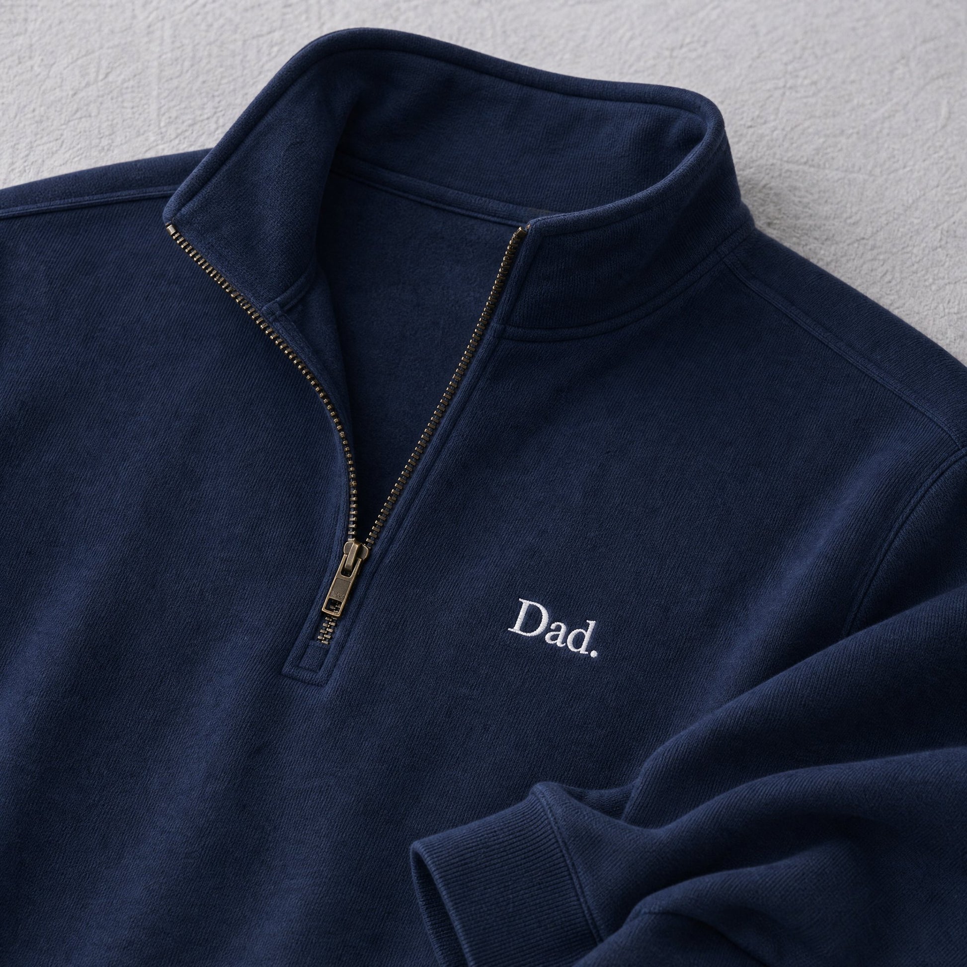 "Dad." Vintage Fleece Quarter Zip in Navy — Flat Lay Detail | Merchcraft