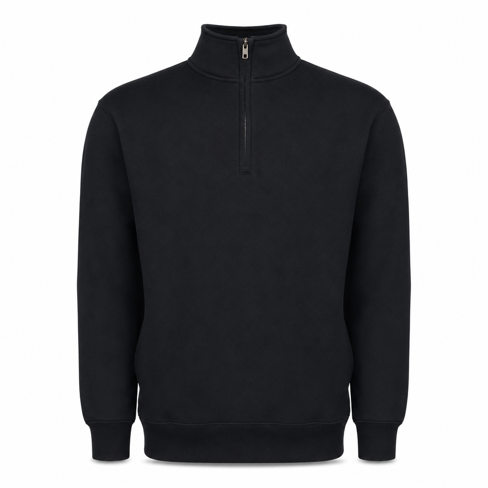 Merchcraft Custom Classic Fleece Quarter Zip – Black – front view, premium ecommerce product photo