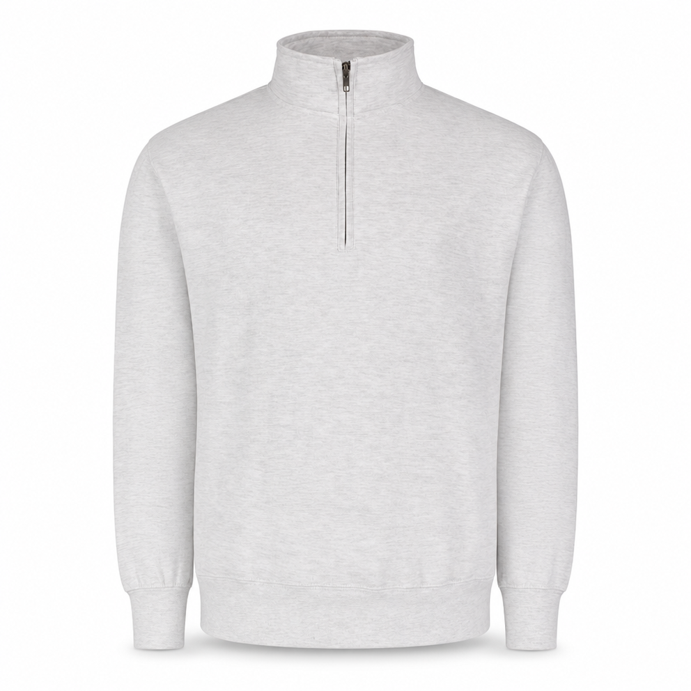 Merchcraft Custom Classic Fleece Quarter Zip – Ash Grey – front view, premium ecommerce product photo