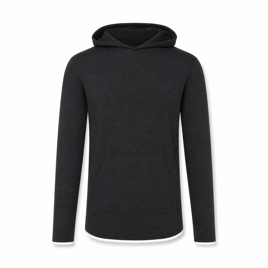 Merchcraft Custom Classic Long Sleeve Hoodie T-Shirt – Black – front view, premium ecommerce product photo
