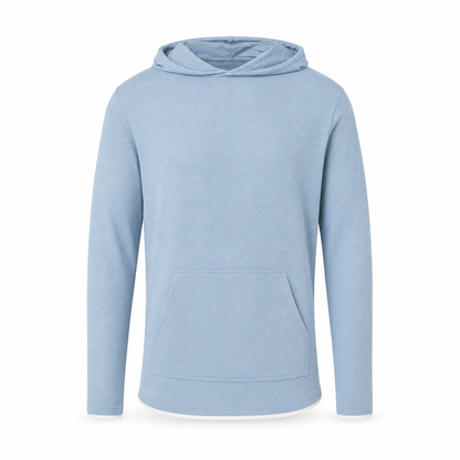 Merchcraft Custom Classic Long Sleeve Hoodie T-Shirt – Light Denim Htr – front view, premium ecommerce product photo
