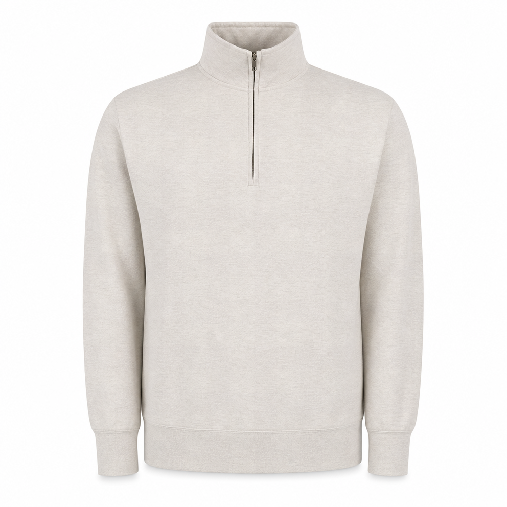 Merchcraft Custom Classic Fleece Quarter Zip – Oatmeal – front view, premium ecommerce product photo