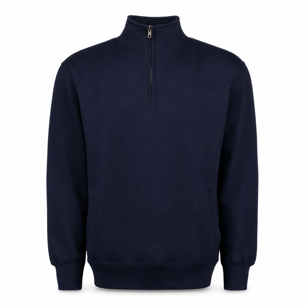 Merchcraft Custom Classic Fleece Quarter Zip – Navy – front view, premium ecommerce product photo