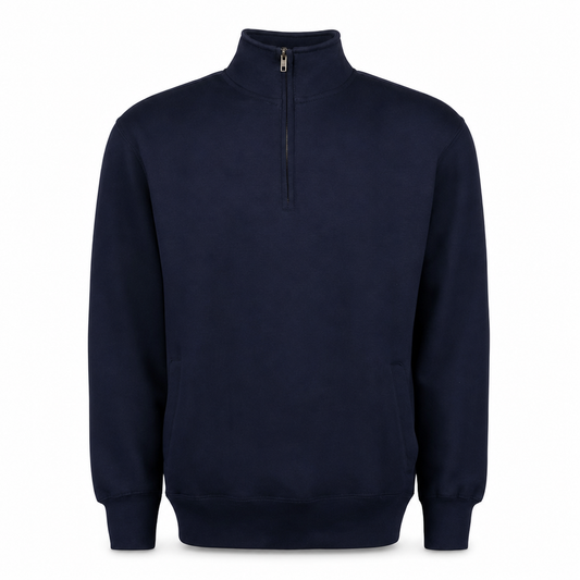 Merchcraft Custom Classic Fleece Quarter Zip – Navy – front view, premium ecommerce product photo