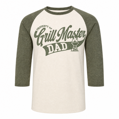 Father's Day Gift "Grill Master" Print | Classic Baseball Three-Quarter Sleeve T-Shirt