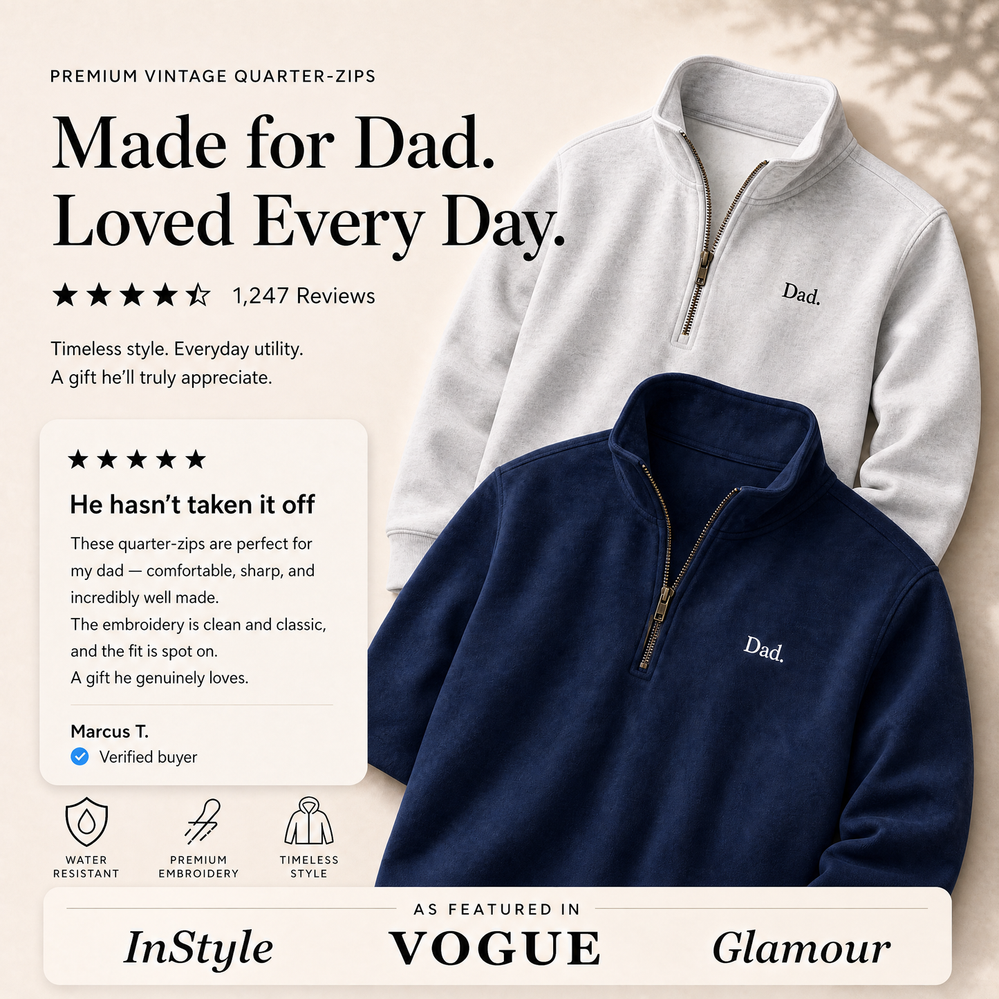 Father's Day Gift Quarter Zip Sweatshirt — Pre-Embroidered "Dad." | Vintage Fleece