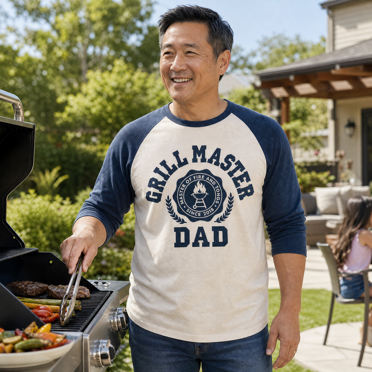 Father's Day Gift "Grill Master" Seal Print | Classic Baseball Three-Quarter Sleeve T-Shirt