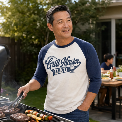 Father's Day Gift "Grill Master" Print | Classic Baseball Three-Quarter Sleeve T-Shirt
