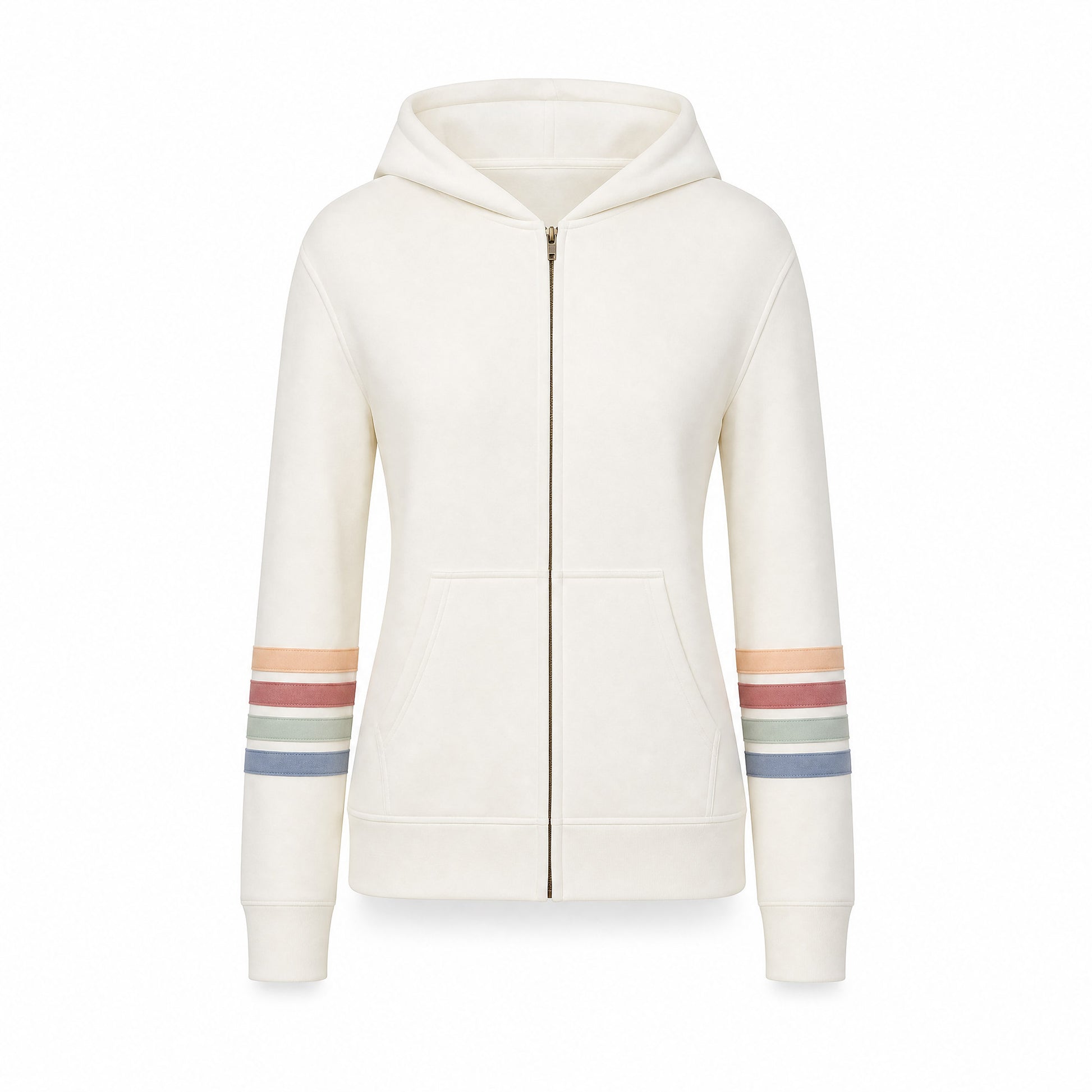 Custom Full Zip Sweater with Striped Sleeves in Ivory | Merchcraft