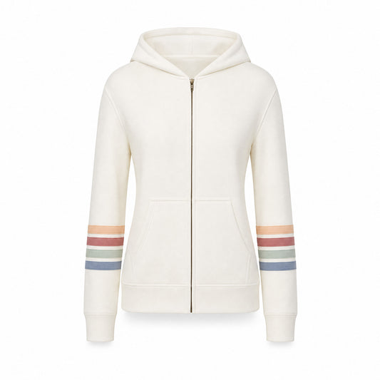 Custom Full Zip Sweater with Striped Sleeves in Ivory | Merchcraft